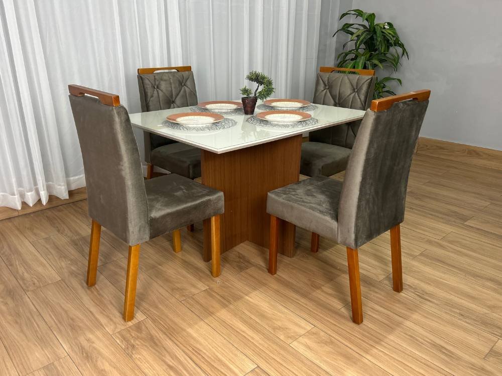 Mesa de Jantar Helo 1.20x0.90 Com 4 Cadeiras Jasmim - Mel/Off White/Marrom Veludo