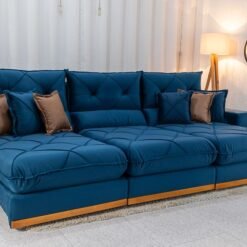 Sofá Retrátil Reclinável Gran Bello 3.20m Veludo Azul - Molas Ensacadas