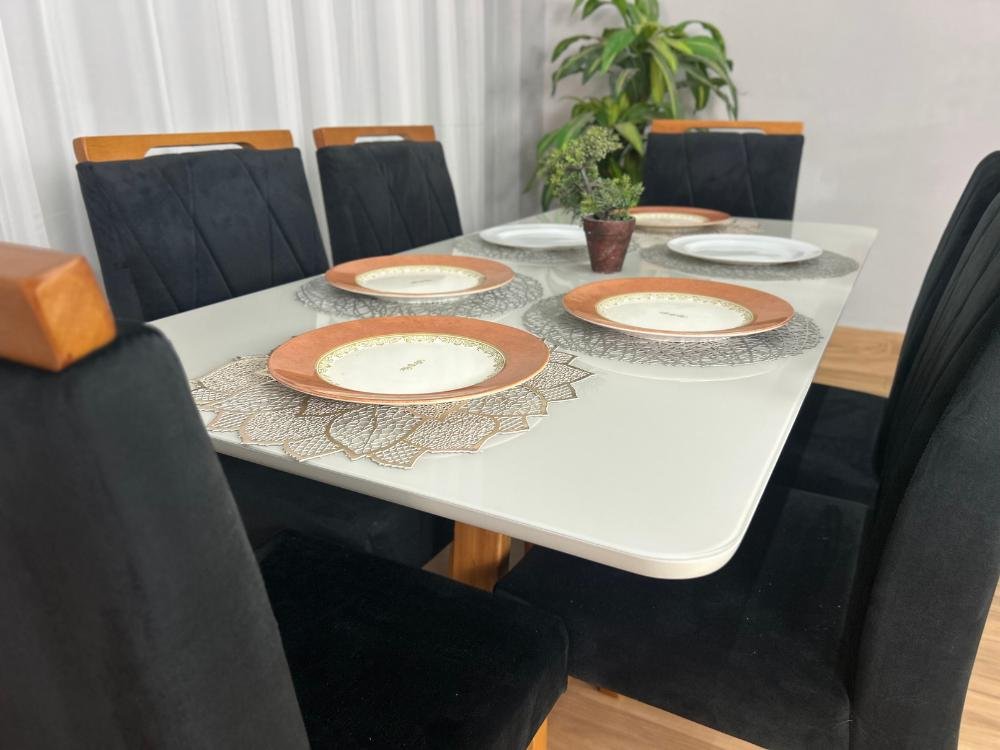 Mesa de Jantar Bali 1.60×0.80 Com 6 Cadeiras Isa – Cinamomo/Off White/Preto Veludo - Imagem 3