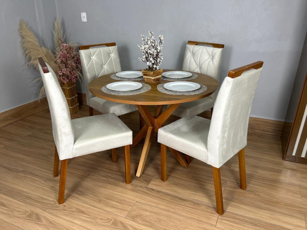 Mesa de Jantar Simpatia 1.08x1.08 Circular Com 4 cadeiras Jasmim - Cinamomo/Bege - Imagem 4