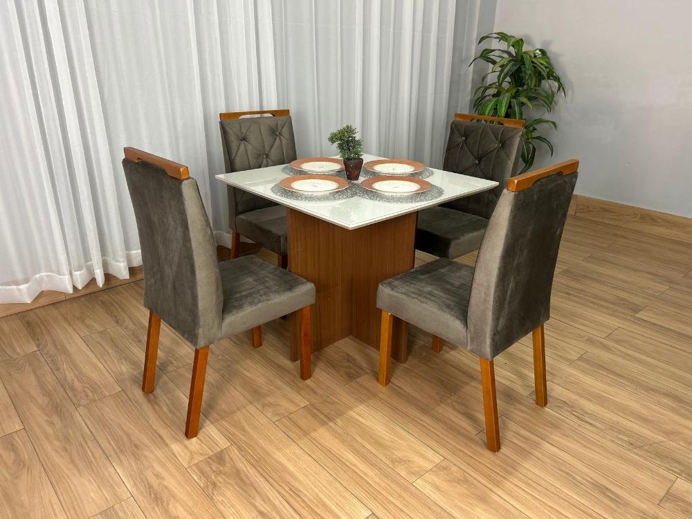 Mesa de Jantar Helo 0.90x0.90 Com 4 Cadeiras Jasmim - Mel/Off White/Marrom Veludo - Imagem 2
