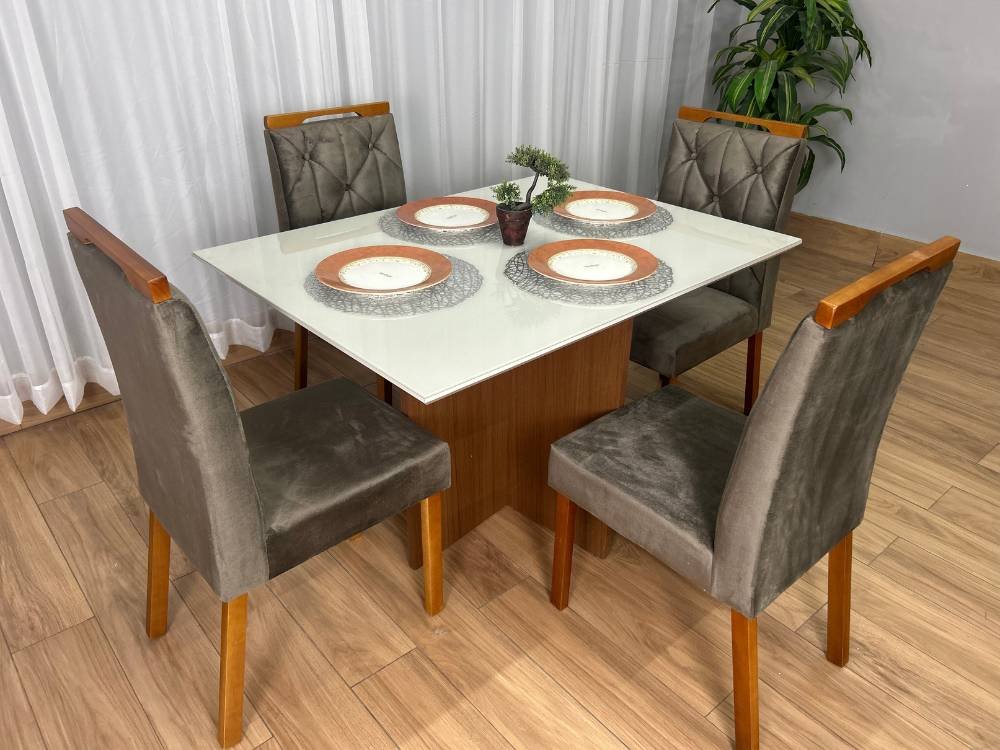 Mesa de Jantar Helo 1.20x0.90 Com 4 Cadeiras Jasmim - Mel/Off White/Marrom Veludo - Imagem 2