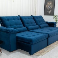 Sofá Retrátil Reclinável Emanuelly 3.20m Veludo Azul 03 - D28 Soft