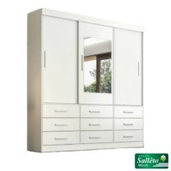 Guarda-Roupa Casal New Star 3 Portas 9 Gavetas Branco c/Espelho Larg. 1.80m Sallêto