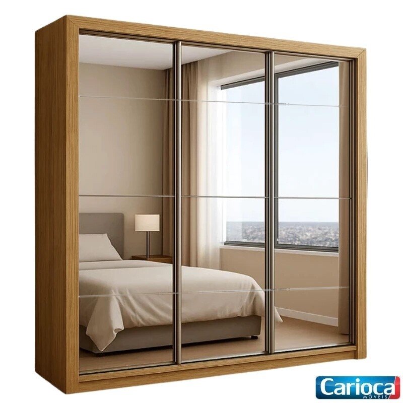Guarda-Roupa Veneza Premium Larg. 1.88m 3 Portas C/ 3 Espelho 4 Gavetas Cinamomo Carioca