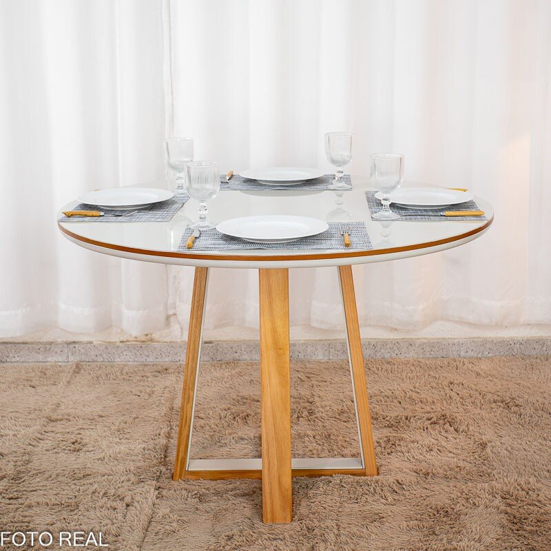 Mesa de Jantar Atlanta Redonda 120cm Cinamomo/Vidro Off 4 Cad. Santorini Linho Bege Madeira Maciça - Minas Plac - Imagem 8