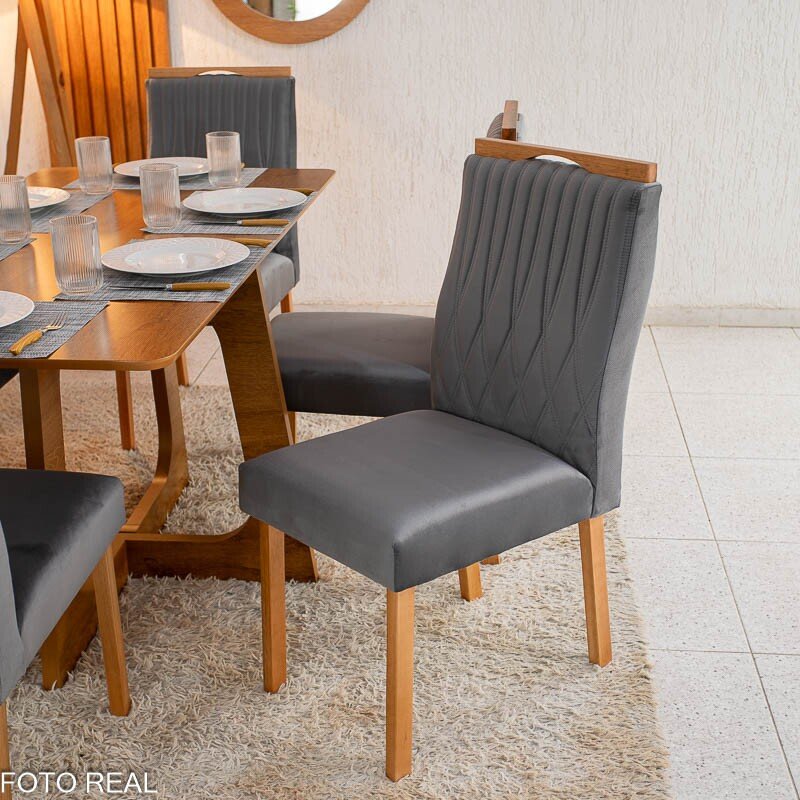 Mesa de Jantar Dubai Tampo Londres Cinamomo 160x80 6 Cadeiras Genova Veludo Cinza 507 Madeira Maciça - Imagem 4