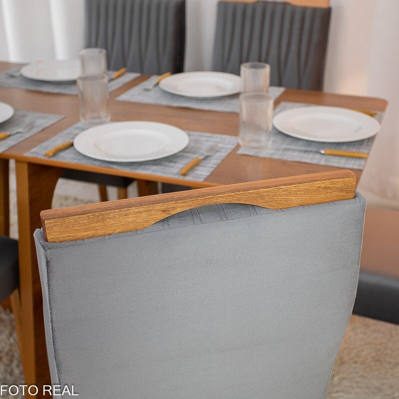 Mesa de Jantar Dubai Tampo Londres Cinamomo 160x80 6 Cadeiras Genova Veludo Cinza 507 Madeira Maciça - Imagem 5