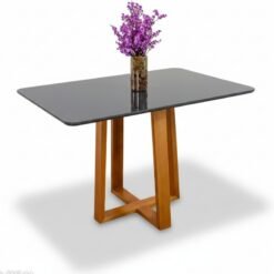 Mesa de Jantar Pedro 120x80 Vidro Grafite/Base Madeira Art Assento - Entregue Montada