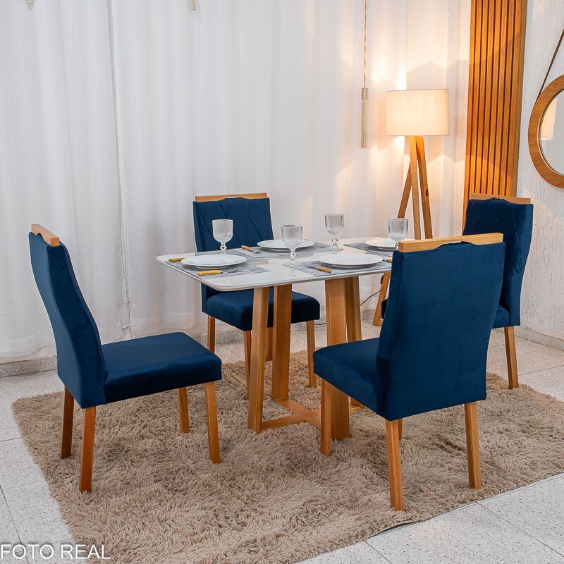 Mesa de Jantar Pedro 120x80 Vidro Off/Base Madeira + 4 Cad. Lisboa Veludo Azul 503 Madeira Art Assento - Entregue Montada - Imagem 3