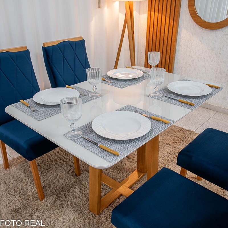 Mesa de Jantar Pedro 120x80 Vidro Off/Base Madeira + 4 Cad. Lisboa Veludo Azul 503 Madeira Art Assento - Entregue Montada - Imagem 5