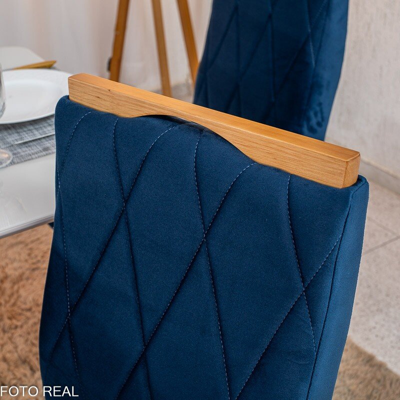 Mesa de Jantar Pedro 120x80 Vidro Off/Base Madeira + 4 Cad. Lisboa Veludo Azul 503 Madeira Art Assento - Entregue Montada - Imagem 8
