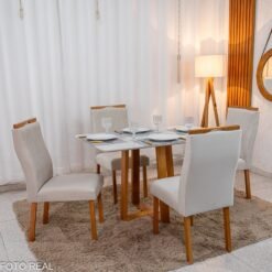 Mesa de Jantar Pedro 120x80 Vidro Off/Base Madeira + 4 Cad. Lisboa Veludo Bege 512 Madeira Art Assento - Entregue Montada