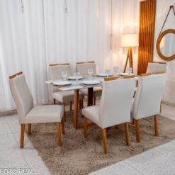 Mesa de Jantar Pedro 160×80 Vidro Off/Base Madeira + 6 Cad. Lisboa Veludo Bege 512 Madeira Art Assento - Entregue Montada