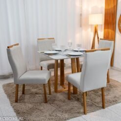 Mesa de Jantar Pedro 90x90 Vidro Off/Base Madeira + 4 Cad. Lisboa Veludo Bege 512 Madeira Art Assento - Entregue Montada