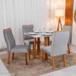 Mesa de Jantar Pedro 90x90 Vidro Off/Base Madeira + 4 Cad. Lisboa Veludo Prata 514 Madeira Art Assento - Entregue Montada