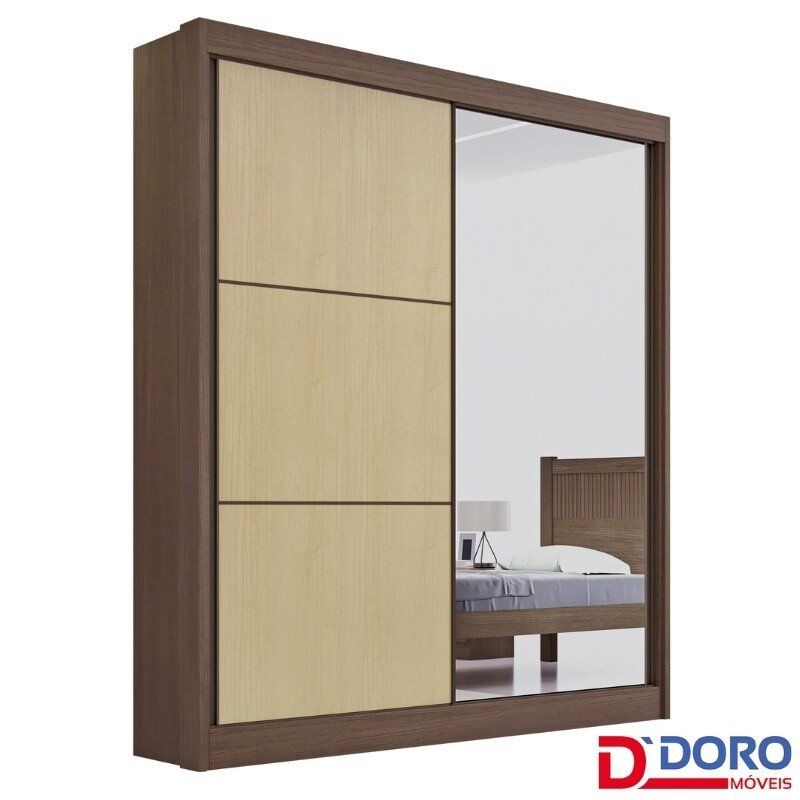 Roupeiro Atenas Castanho/Linho 2 Portas C/ 1 Espelho 3 Gavetas Portas Flex 100% MDF Larg. 1.85m - D Doro