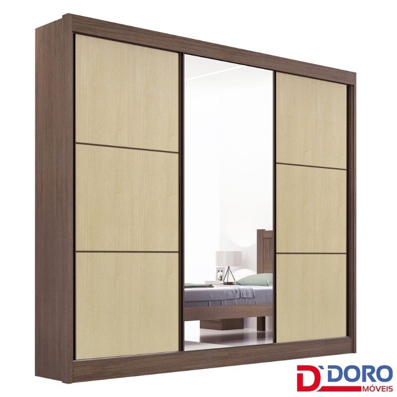 Roupeiro Casal Cristal Castanho/Linho 3 Portas 6 Gavetas 100% MDF Portas Flex Larg. 2.42m - D Doro