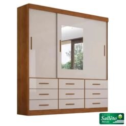 Roupeiro New Star Cinamomo/Off 3 Portas 9 Gavetas C/ 1 Espelho Larg. 1.80m - Sallêto