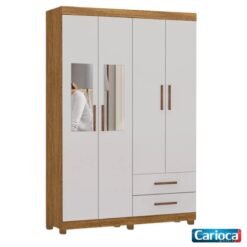Roupeiro Solteiro Hercules Cinamomo/Off 04 Portas 02 Gavetas C/Espelho e Pés Larg. 1.18m - Carioca
