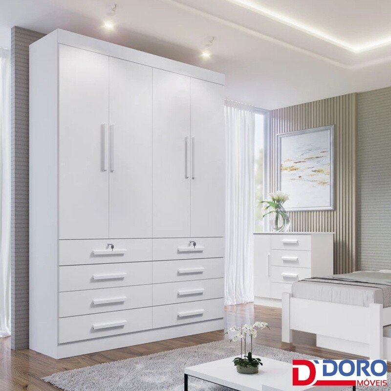 Roupeiro Solteiro Mônaco Branco 4 Portas 8 Gavetas Larg. 1.60m - D Doro
