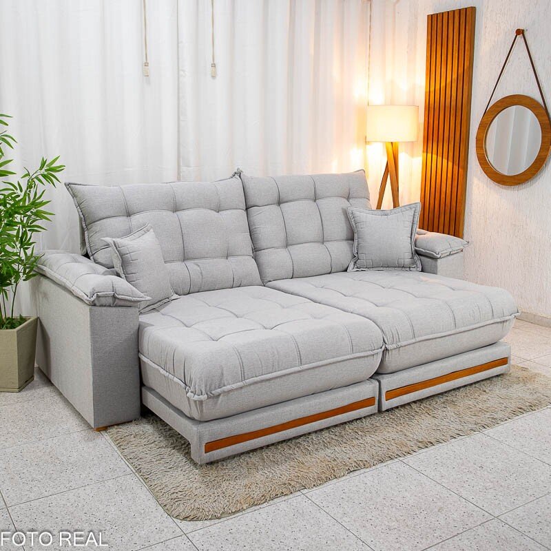 Sofá Retrátil Reclinável Barcelona 2.30m Linho Cinza Claro 461 C/ 2 Almofadas - D33 e Molas Ensacadas Pocket