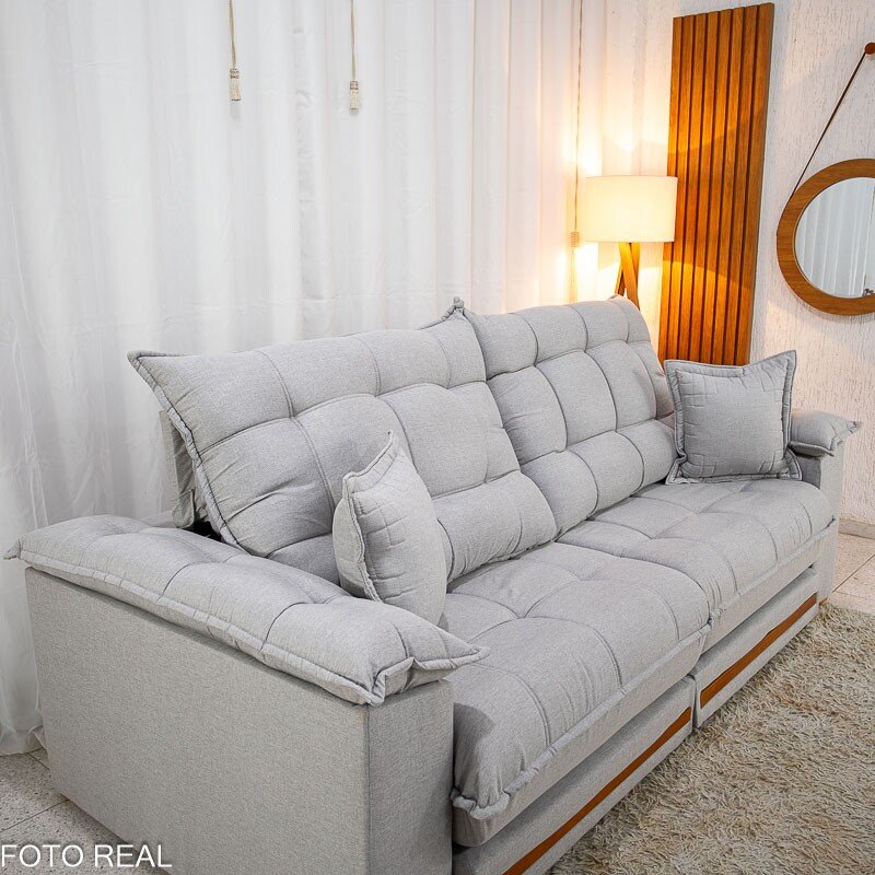 Sofá Retrátil Reclinável Barcelona 2.30m Linho Cinza Claro 461 C/ 2 Almofadas - D33 e Molas Ensacadas Pocket - Imagem 7