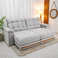 Sofá Retrátil Reclinável Barcelona 2.30m Linho Cinza Claro 461 - D33 e Molas Ensacadas