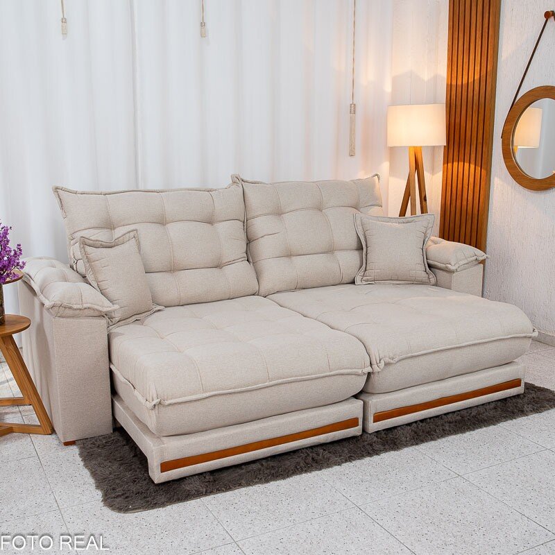 Sofá Retrátil Reclinável Barcelona 2.50m Linho Bege 459 C/ 2 Almofadas - D33 e Molas Ensacadas Pocket