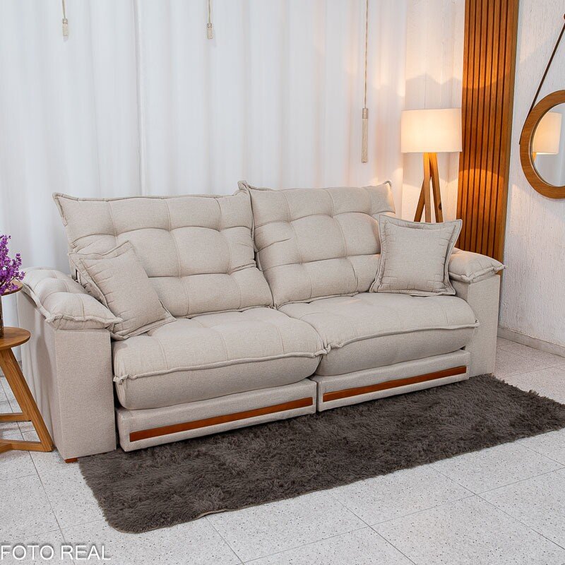 Sofá Retrátil Reclinável Barcelona 2.50m Linho Bege 459 C/ 2 Almofadas - D33 e Molas Ensacadas Pocket - Imagem 2