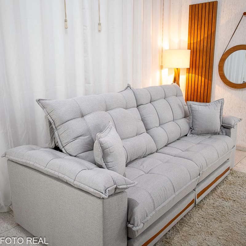 Sofá Retrátil Reclinável Barcelona 2.50m Linho Cinza Claro 461 C/ 2 Almofadas - D28 e Molas Ensacadas Pocket - Imagem 7