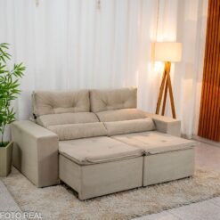 Sofá Retrátil Reclinável Bia 1.95m Veludo Bege - D28