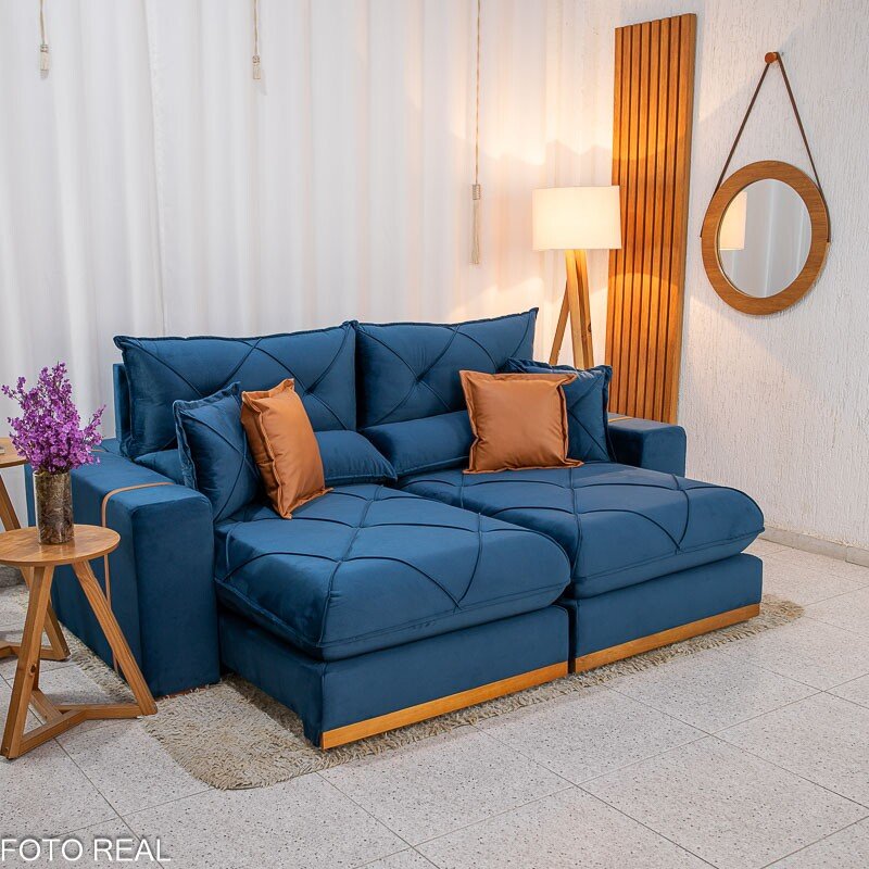 Sofá Retrátil Reclinável Gran Bello 2.50m Veludo Azul 03 - Molas Ensacadas Pocket - Imagem 2