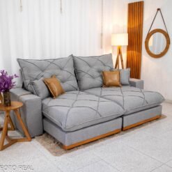 Sofá Retrátil Reclinável Malibu 2.50m Linho Cinza 1008 - D33 e Molas Ensacadas