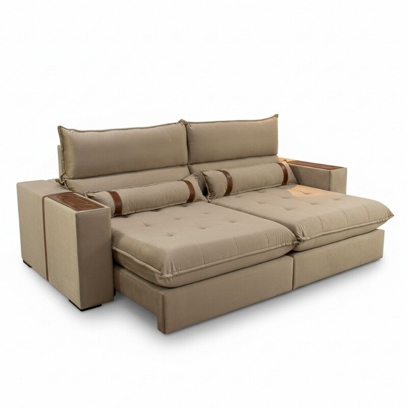 Sofá Retrátil Reclinável Ravello 2.50m Veludo Bege 3040/04 - Molas Ensacadas Pockets